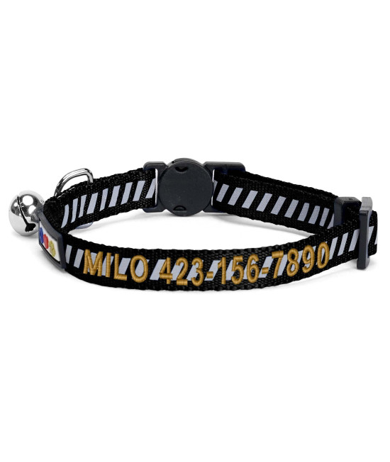 Pawtitas Personalized Cat Collar With Breakaway Safety Release Buckle Adjustable Length Cat Collar With Custom Embroidered For Your Pets Name And Phone Number Black Cat Collar With Removable Bell