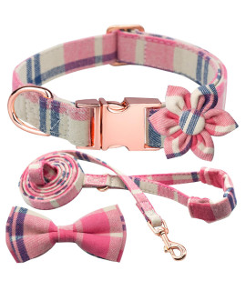 Plaid Dog Collar Leash Set With Bow Tie Adjustable Cute Puppy Collar With Durable Metal Buckle Girls Boys Dog Collar For Small Medium Large Dogs Pink-S