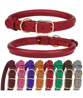 MUROM Rolled Leather Dog Collar Durable Round Rope Pet Collars for Small Medium Large Dogs Puppy Pink Purple Green Red Brown Gray (20-24 Neck Fit, Red)