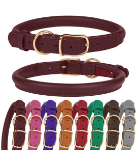 MUROM Rolled Leather Dog Collar Durable Round Rope Pet Collars for Small Medium Large Dogs Puppy Pink Purple Green Red Brown Gray (8-12 Neck Fit, Burgundy)