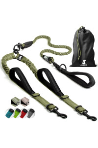 SparklyPets Double Dog Leash for 2 Dogs - Rope Bungee Dual Leash for Medium and Large Dogs with Padded Handles & Tangle Free-Range Green