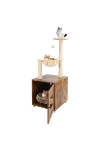 Stonehomy Cat Tree With Litter Box Enclosure, Enlarged Cat Litter Cabinet, All-In-One Modern Wood Cat Tower Indoor With Cat Washroom Furniture Hiddenfood Station, Rustic Brown