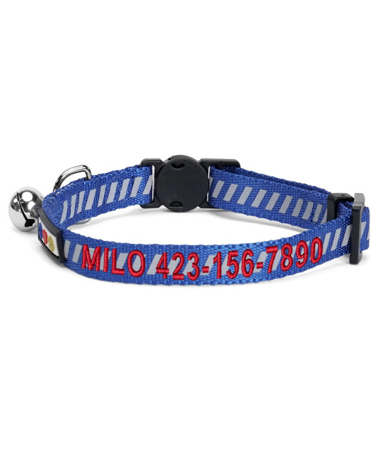 Pawtitas Personalized Cat Collar With Breakaway Safety Release Buckle Adjustable Length Cat Collar With Custom Embroidered For Your Pets Name And Phone Number Blue Cat Collar With Removable Bell