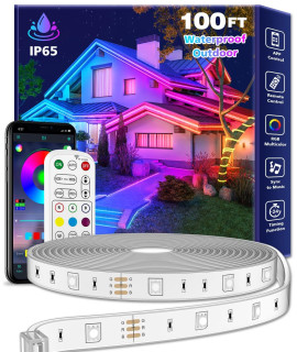 Aulimhti 100Ft Outdoor Led Strip Lights Waterproof,Music Sync Rgb Ip65 Outside Led Light Strips Waterproof With App And Remote,Exterior Led Rope Lights Waterproof For Deck,Balcony,Roof,Garden,Pool