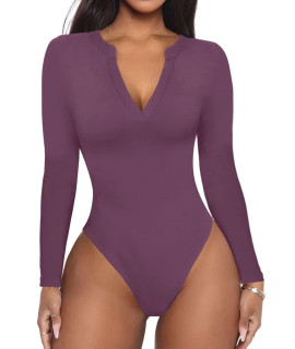 Reoria Womens Casual Sexy V Neck Fitted Long Sleeve T Shirts Work Slimming Ribbed Thong Leotards Bodysuits Tops Purple Medium
