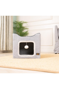 Miss Meow Cat Bed For Indoor Cats,Medium Large Cats Cave Bed,Machine Washable Slip Resistant Bottom,Ultra Soft Plush Cushion (Gray Fleece House)