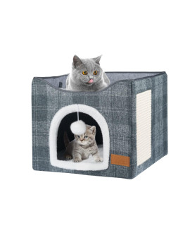 Cat Bed For Indoor Cats, Cat House With Durable Scratching Board And Dangling Toy Ball, Foldable Cat Condo With Reversible Cushions And Large Opening (Blue)