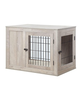 Unipaws Furniture Style Dog Crate End Table With Cushion, Wooden Wire Pet Kennels With Double Doors, Medium Dog House Indoor Use
