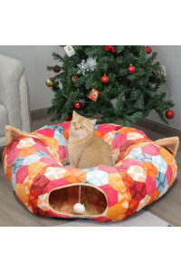 Auoon Cat Tunnel Bed With Central Mat,Big Tube Playground Toys,Soft Plush Material,Full Moon Shape For Kitten,Cat,Puppy,Rabbit,Ferret (Orange)