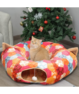 Auoon Cat Tunnel Bed With Central Mat,Big Tube Playground Toys,Soft Plush Material,Full Moon Shape For Kitten,Cat,Puppy,Rabbit,Ferret (Orange)