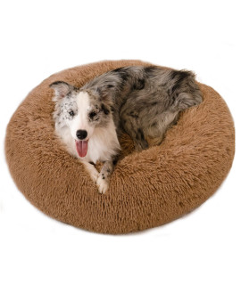 Wellyelo Calming Dog Bed, 30In Donut Dog Bed, Anti Anxiety Dog Bed & Cat Bed, Machine Washable Fluffy Plush Round Dog Beds For Large Extra Large Dogs Cats (Large, Brown)