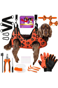 Pet Grooming Hammock for Nail Trimming - Complete Groomers Helper Set for Pet - Dog Grooming Hammock with Hook - Cat Nail Clipper - Dog Hammock for Nail Clipping (L, Orange with black paws)