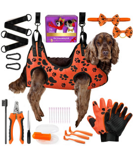 Pet Grooming Hammock for Nail Trimming - Complete Groomers Helper Set for Pet - Dog Grooming Hammock with Hook - Cat Nail Clipper - Dog Hammock for Nail Clipping (L, Orange with black paws)