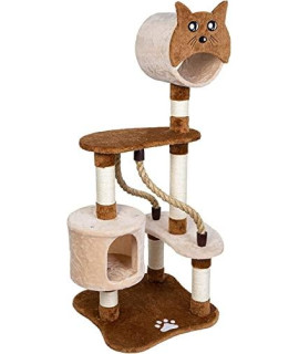 Fashionwu 50" Multi-Level Wooden Cat Tree Tower, Modern Cat Condo Furniture with Plush Top Perches, Sisal Rope Scratching Post, Spacious Cat Cave, for Kittens, Elderly Cats, Adult Cats