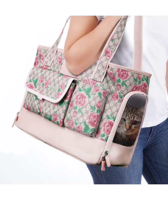 Johomviin Dog Carrier, Cat Carrier, Pet Carrier, Foldable Waterproof Premium Pu Leather Oxford Cloth Dog Purse, Portable Tote Bag Carrier For Small To Medium Cats And Small Dogs (Flower Pattern)