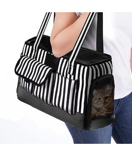 Johomviin Dog Carrier, Cat Carrier, Pet Carrier, Foldable Waterproof Premium Pu Leather Oxford Cloth Dog Purse, Portable Tote Bag Carrier For Small To Medium Cats And Small Dogs (Black White Stripes)