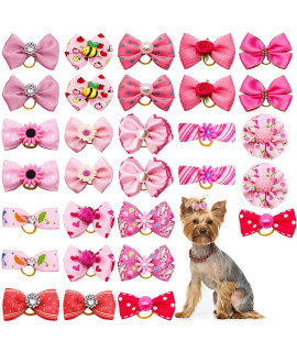 Jpgdn 30Pcs15Pairs Pink Dog Hair Bows With Rubber Bands Puppy Hair Bowknot Top Knot Elastic Radom Pattern For Girl Female Doggy Poodle Pet Animal Grooming Accessories Attachment