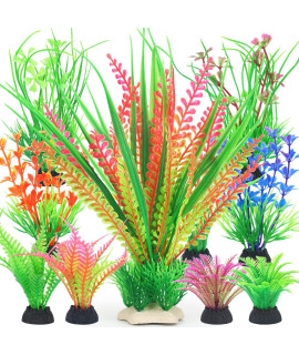 Borlech Aquarium Plants Decorations, Fish Tank Artificial Plastic Plant Decoration Set 10 Pieces (Pink)