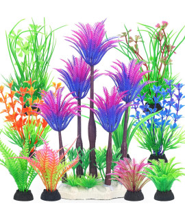 Borlech Aquarium Plants Decorations, Fish Tank Artificial Plastic Tree Plant Decoration Set 10 Pieces (Purple)