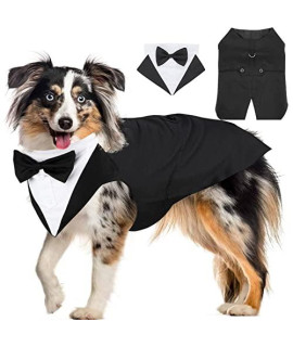 Segarty Dog Tuxedo And Bandanas Suit Formal Wedding Costume, Adjustable Pet Collar With Black Bow Tie, Detachable Dogs Shirt Bandanas Set For Large Dog Prince Outfit Birthday Cosplay Attire