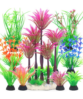 Borlech Aquarium Plants Decorations, Fish Tank Artificial Plastic Tree Plant Decoration Set 10 Pieces (Rose Red)