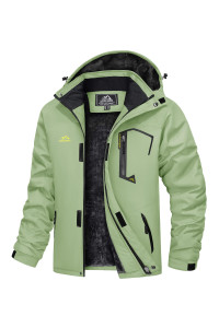 Magcomsen Jacket Men Winter Warm Waterproof Coat Hooded Rain Jacket Fleece Jacket Soft Shell Jackets Thick Windbreak Light Green L