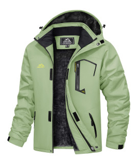 Magcomsen Jacket Men Winter Warm Waterproof Coat Hooded Rain Jacket Fleece Jacket Soft Shell Jackets Thick Windbreak Light Green L