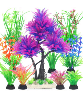 Borlech Aquarium Plants Decorations, Fish Tank Artificial Plastic Tree Plant Decoration Set 10 Pieces (Purple)