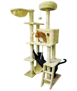 Beige Cat Tree Tower for Indoor Cats & Kittens, 57" Tall Multi-Level with Comfy Perch & Basket, Hideaway Condo, Sisel Scratcher Posts & Ladder, Ball Toys, & Dangling Rope - by SciencePurchase