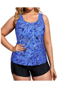Holipick Women Blue Paisley Plus Size 3 Piece Tankini Swimsuits Athletic Bathing Suits With Boy Shorts Tank Top With Sports Bra 22W