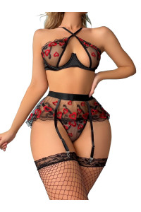 Wdirara Womens Plus Lip Embroidery Cut Out See Through Mesh Underwire Garter Lingerie Set With Stockings Heart Print Red 1Xl