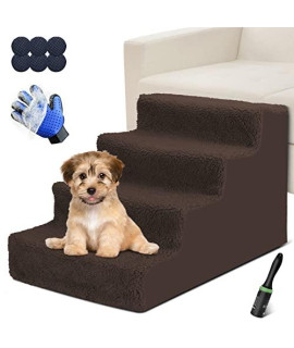 Kphico Dog Steps For High Bed,4 Tiers Extra Wide Plastic Dog Stairs For Small Dogs,Non-Slip Dog Ladder With Removable Cover,No Tools Required,Send 1 Pet Gloves1 Pet Hair Remover Roller(Brown)