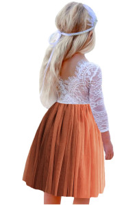 2Bunnies Girl Rose Lace Back A-Line Straight Tutu Tulle Party Flower Girl Dresses (Rust Orange Sleeve Knee, 2T)