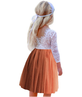 2Bunnies Girl Rose Lace Back A-Line Straight Tutu Tulle Party Flower Girl Dresses (Rust Orange Sleeve Knee, 2T)
