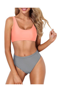 Tempt Me Women Pink Stripe Two Piece Scoop Neck Bikini Crop Top High Cut Swimsuit Sporty High Waisted Bathing Suit With Bottoms S