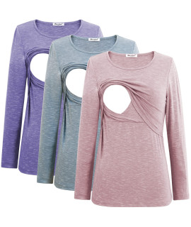 Bearsland Womens 3 Packs Maternity Clothes Long Sleeves Breastfeeding Shirts Nursing Top,Purplepinkgreen,M