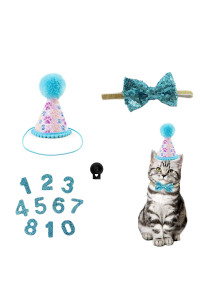 Christmas Pet Party Jazz Hat And Blingbling Bow Tie Breakaway Collar Set, Adjustable Headband For Kitten Puppy Small Dogs Cats (Blue Claw Print)