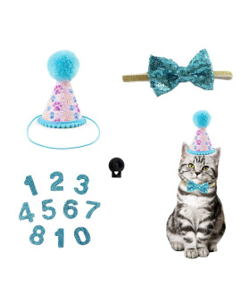 Christmas Pet Party Jazz Hat And Blingbling Bow Tie Breakaway Collar Set, Adjustable Headband For Kitten Puppy Small Dogs Cats (Blue Claw Print)