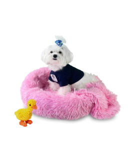 Pets Depot Set 3 in 1 - Dog Beds for Medium Dogs - Washable and Cozy Calming Dog Bed with Medium Dog Blanket - Soft Fluffy Pet Throw Blanket and Duck Dog Toy for Puppy Cats (Medium, Pink)