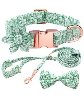 Dog Collar And Leash Set With Flower Bow Tie Girls Dog Collar Dog Tag Metal Buckle Adjustable For Small Medium Large Dogs Green Flower-Xs