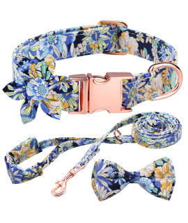 Dog Collar And Leash Set With Flower Bow Tie Girls Dog Collar Dog Tag Metal Buckle Adjustable For Small Medium Large Dogs Blue Flower-L