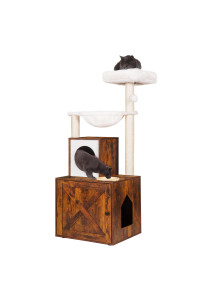 Heybly Cat Tree, Wood Litter Box Enclosure With Food Station, All-In-One Indoor Cat Furniture With Basket And Condo, Modern Style Cat Tower, Hammock, Rustic Brown Hct101Sr