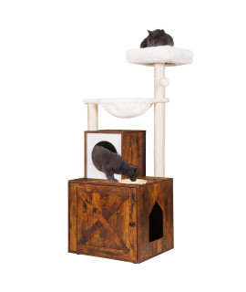 Heybly Cat Tree, Wood Litter Box Enclosure With Food Station, All-In-One Indoor Cat Furniture With Basket And Condo, Modern Style Cat Tower, Hammock, Rustic Brown Hct101Sr