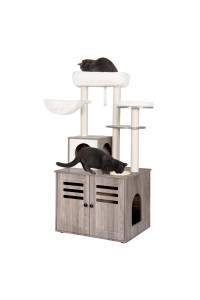 Heybly Cat Tree, Wood Litter Box Enclosure With Food Station, All-In-One Indoor Cat Furniture With Large Platform And Condo, Modern Style Cat Tower, Hammock, Rustic Gray Hct100Sg