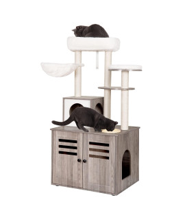 Heybly Cat Tree, Wood Litter Box Enclosure With Food Station, All-In-One Indoor Cat Furniture With Large Platform And Condo, Modern Style Cat Tower, Hammock, Rustic Gray Hct100Sg