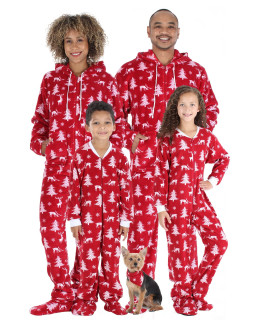 Sleepytimepjs Family Matching Fleece Cranberry Deer Onesie Hooded Footed Pajama, Cranberry Holiday, 14 Years, Kids