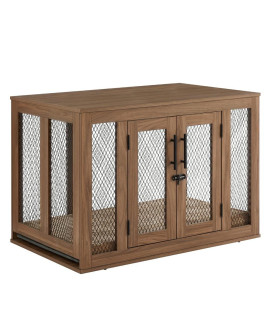 Unipaws Furniture Style Dog Crate With Tray And Cushion, Mesh Dog Kennels With Double Doors, End Table Dog House, Small Medium Large Dog Crate Indoor Use For Living Room (Medium, Walnut)