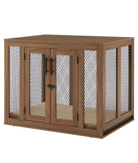 Unipaws Furniture Style Dog Crate With Tray And Cushion, Mesh Dog Kennels With Double Doors, End Table Dog House, Small Medium Large Dog Crate Indoor Use For Living Room (Large, Walnut)