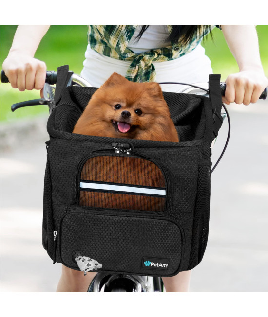 PetAmi Dog Bike Basket Carrier - Bicycle Basket for Dog Pet Bike Handlebar | Ventilated Pet Travel Backpack Car Booster Seat for Small Puppy Cat with Mesh Window, Sherpa Bed, Safety Strap (Black)