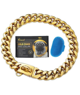 4DioCat Gold Chain Dog Collar, Bonus EBook and Dog Brush, 18K Gold Fashion Pet Collar 20 Inches Long for Large Dogs, Secure Buckle, Chew Proof, Heavy Duty, Strong Durable Stainless Steel